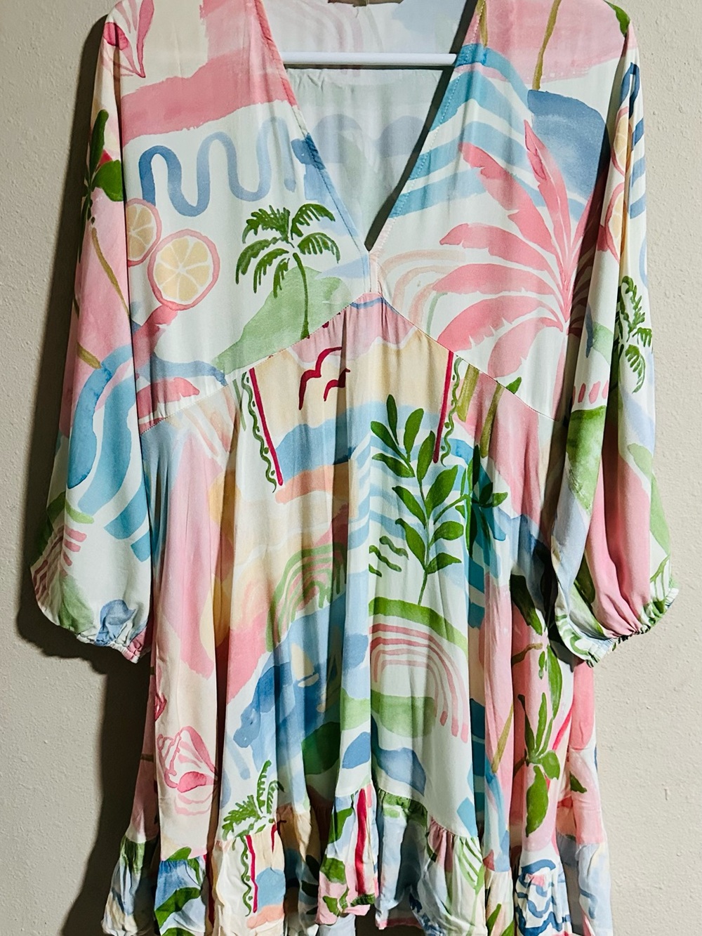 Label of Love Pastel Multi Colored V-Neck Midi Dress with Balloon Sleeves